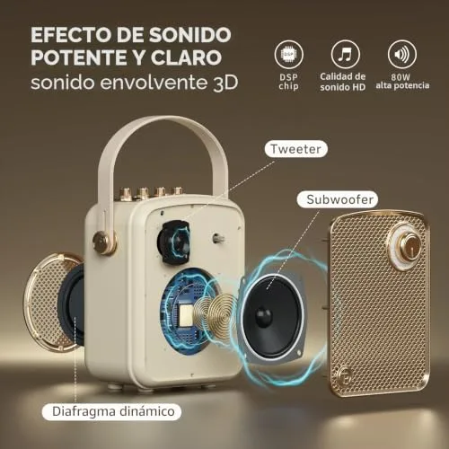 TOMPROAD ▫️ Altifalante Bluetooth portátil de estilo retro, decoração vintage, som potente e graves profundos. Inclui subwoofer, DSP e ligação TWS. Design elegante e compacto, ideal para secretária. 2