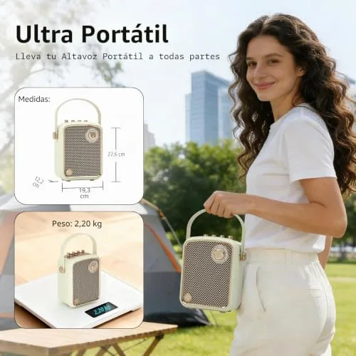 TOMPROAD ▫️ Altifalante Bluetooth portátil de estilo retro, decoração vintage, som potente e graves profundos. Inclui subwoofer, DSP e ligação TWS. Design elegante e compacto, ideal para secretária. 6