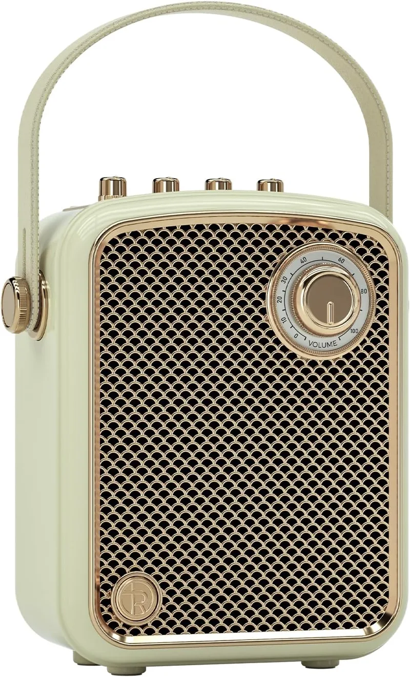 TOMPROAD ▫️ Altifalante Bluetooth portátil de estilo retro, decoração vintage, som potente e graves profundos. Inclui subwoofer, DSP e ligação TWS. Design elegante e compacto, ideal para secretária.