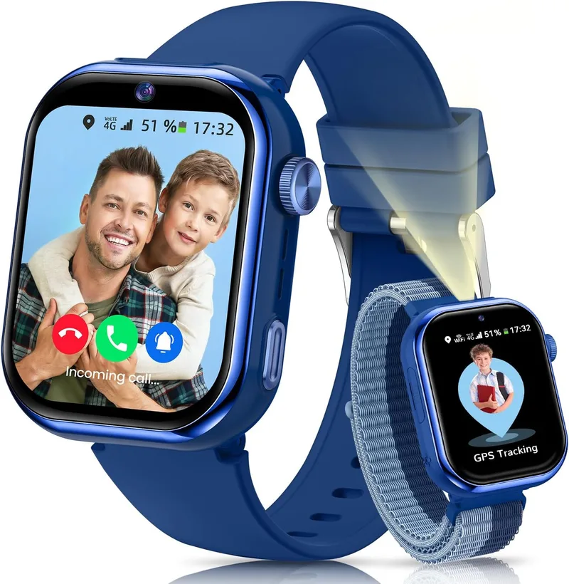 whraills ▫️ 4G Kids Smartwatch, 1.83'' HD Smartwatch Kids com GPS e Chamada, Chamada de Vídeo, Conversa de Voz, Modo Escolar, Câmara Dupla, Monitor de Sono, Pedómetro, Despertador IP68 para Meninas Meninos Azul