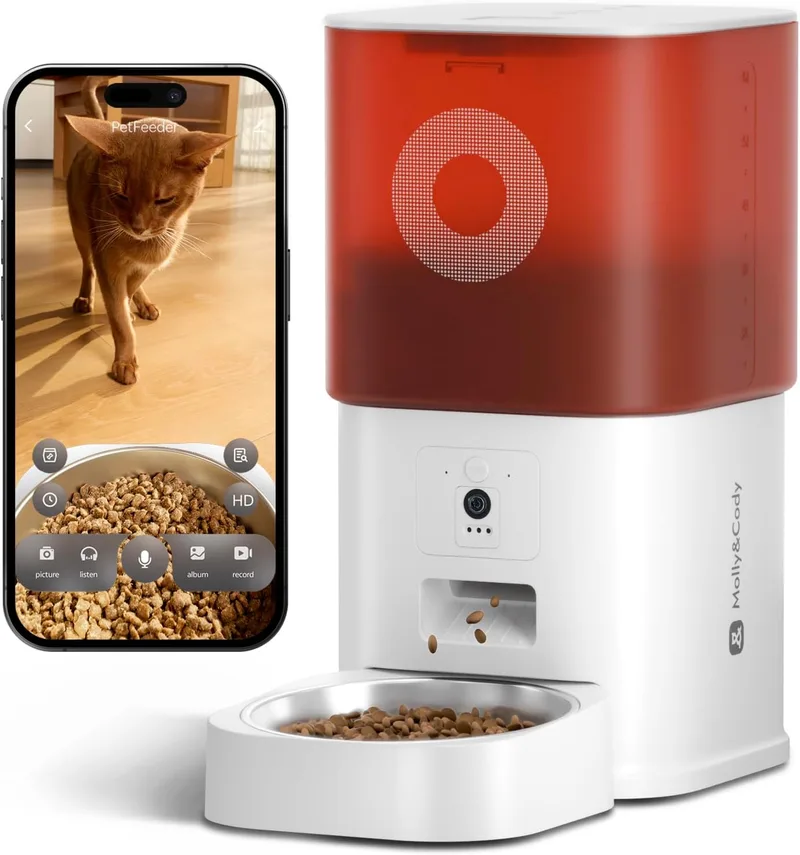 MOLLY&CODY ▫️ Comedouro automático para gatos com câmara: distribuidor de ração para gatos com capacidade de 6 L para gatos e cães de pequeno porte (branco e vermelho)