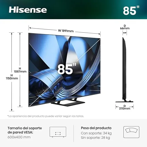 Hisense ▫️ 85U7SE - Smart TV MiniLED de 85 polegadas, Hi-QLED MiniLED, Modo Jogo com 144 Hz nativos, subwoofer integrado, Hi-View AI Engine, IMAX Enhanced, Filmmaker Mode, Dolby Vision IQ, HDR 10+ Adaptive 3