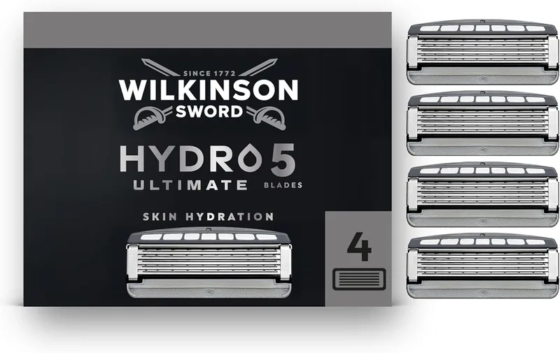 Wilkinson Sword ▫️ Hydro 5 Ultimate Men's Razors, ácido hialurónico, lâminas revestidas a carbono, 4 recargas de lâminas