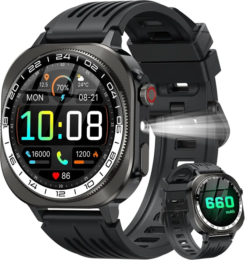 uaue ▫️ Relógio inteligente militar para homem e mulher, 2026 AMOLED de 1,43" HD com chamadas Bluetooth 5.4, 60 dias de autonomia, relógio inteligente com lanterna LED, IP68 à prova de água/monitorização 24/7/mais de 130 modalidades desportivas/Android e iOS