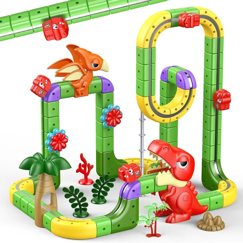 EUCOCO ▫️ Brinquedos de dinossauros para crianças de 3, 4, 5, 6, 7 e 8 anos, 115 peças DIY Cube Track – Presente para meninos e meninas de 3 a 8 anos – Conjunto de comboio elétrico Clickrail