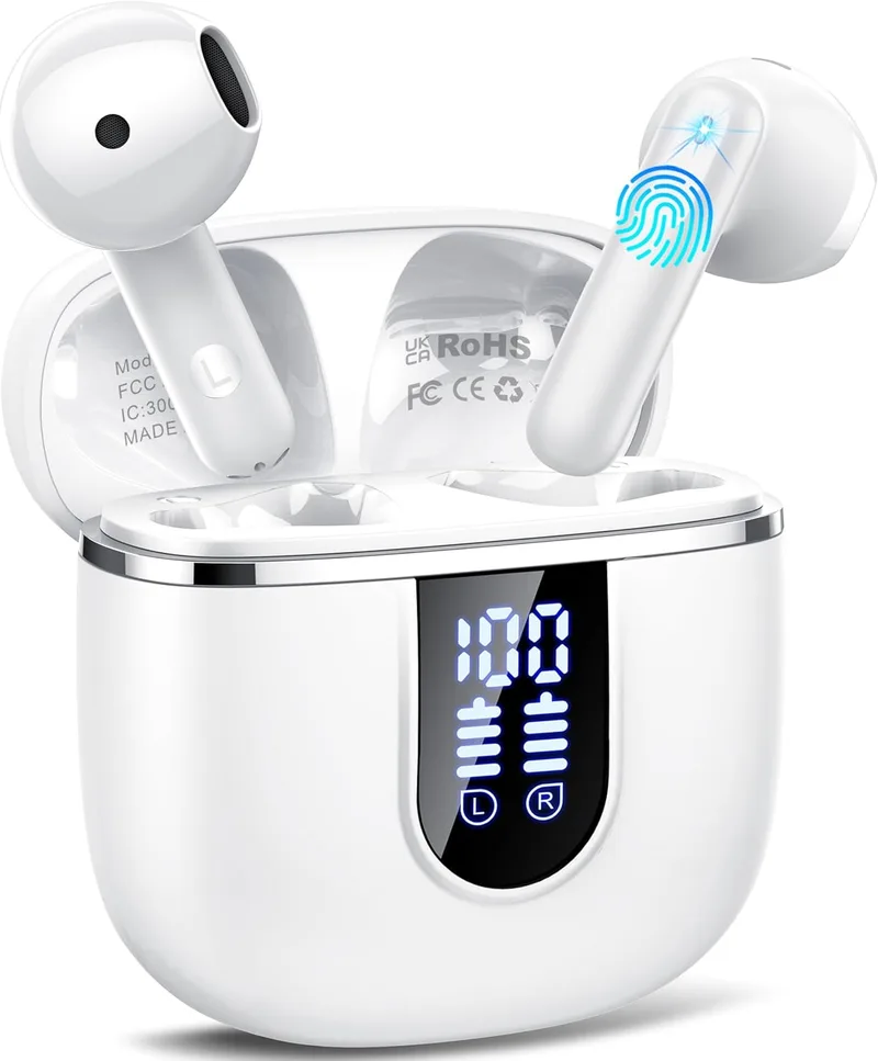 Cillso ▫️ Auriculares sem fios Bluetooth 5.4, auriculares Bluetooth com 4 microfones, redução de ruído ENC, auriculares Bluetooth sem fios 40H com estéreo HiFi, ecrã LED, auscultadores USB-C à prova de água IP7, auscultadores USB-C brancos