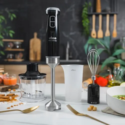 Ufesa ▫️ Batedeira de Mão Mars 1200 W, Controlo de Velocidade Variável, Função Turbo, 4 Lâminas de Alta Eficiência, Aço Inoxidável, Design Ergonómico, Proteção contra Salpicos, Copo de 700 ml, Picador de 500 ml e Batedor 2