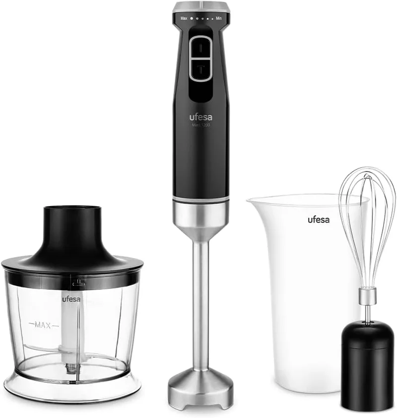 Ufesa ▫️ Batedeira de Mão Mars 1200 W, Controlo de Velocidade Variável, Função Turbo, 4 Lâminas de Alta Eficiência, Aço Inoxidável, Design Ergonómico, Proteção contra Salpicos, Copo de 700 ml, Picador de 500 ml e Batedor
