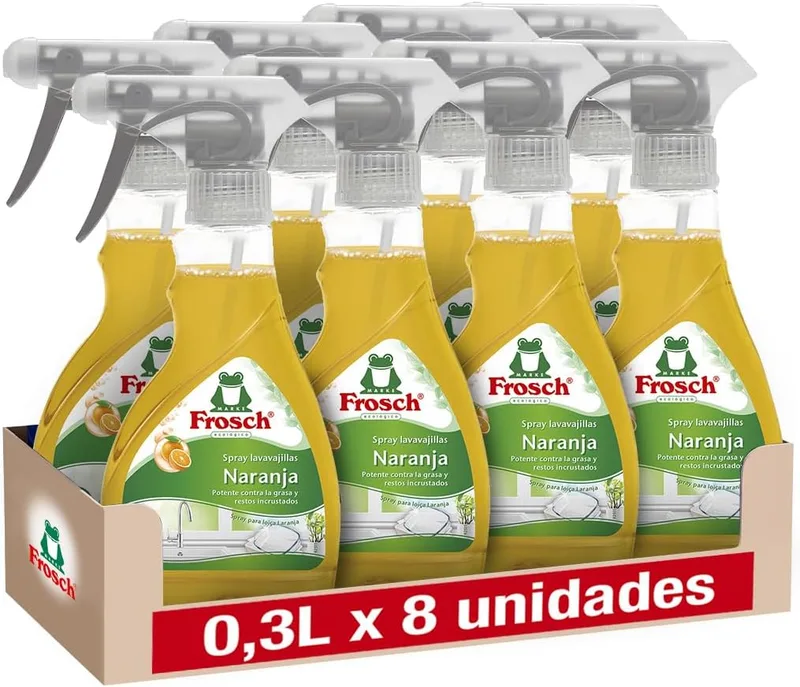 FROSCH ▫️ Spray para Máquinas de Lavar Louça Laranja, Embalagem de 8 x 300 ml - Detergente Desengordurante com Extratos Naturais - Elimina Gordura e Incrustações