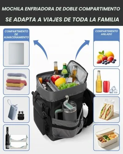Odoland ▫️ Mochila-frigorífica 2 em 1 mochila térmica isotérmica com compartimento principal de 26 L e isolamento isotérmico de 9 L, frigorífico portátil à prova de fugas para a praia, piqueniques, viagens e família 2