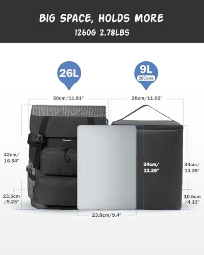 Odoland ▫️ Mochila-frigorífica 2 em 1 mochila térmica isotérmica com compartimento principal de 26 L e isolamento isotérmico de 9 L, frigorífico portátil à prova de fugas para a praia, piqueniques, viagens e família 3