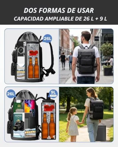 Odoland ▫️ Mochila-frigorífica 2 em 1 mochila térmica isotérmica com compartimento principal de 26 L e isolamento isotérmico de 9 L, frigorífico portátil à prova de fugas para a praia, piqueniques, viagens e família 4