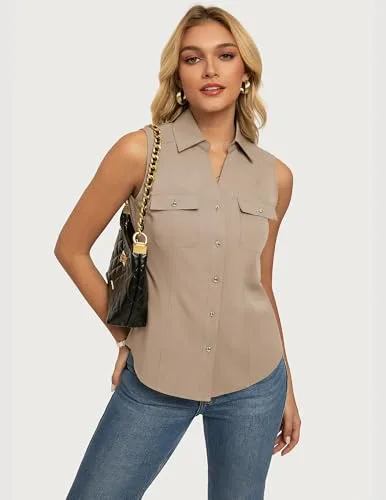 GRACE KARIN ▫️ Blusa sem mangas com botões para mulher, gola com abas, decote em V, estilo casual, para o verão, escritório, trabalho 2