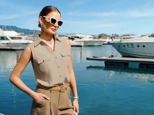 GRACE KARIN ▫️ Blusa sem mangas com botões para mulher, gola com abas, decote em V, estilo casual, para o verão, escritório, trabalho 3