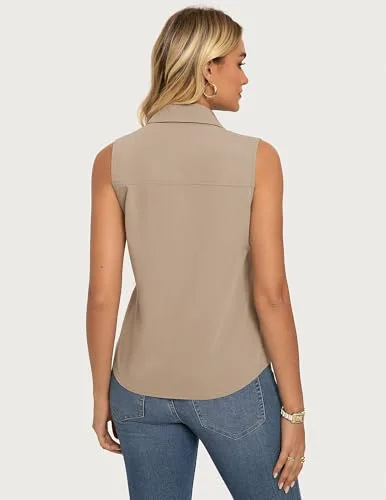 GRACE KARIN ▫️ Blusa sem mangas com botões para mulher, gola com abas, decote em V, estilo casual, para o verão, escritório, trabalho 4