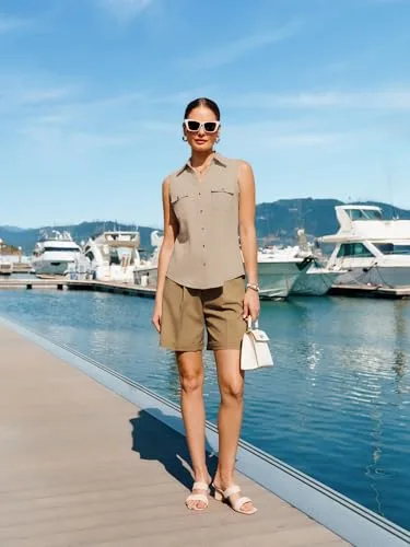 GRACE KARIN ▫️ Blusa sem mangas com botões para mulher, gola com abas, decote em V, estilo casual, para o verão, escritório, trabalho 5