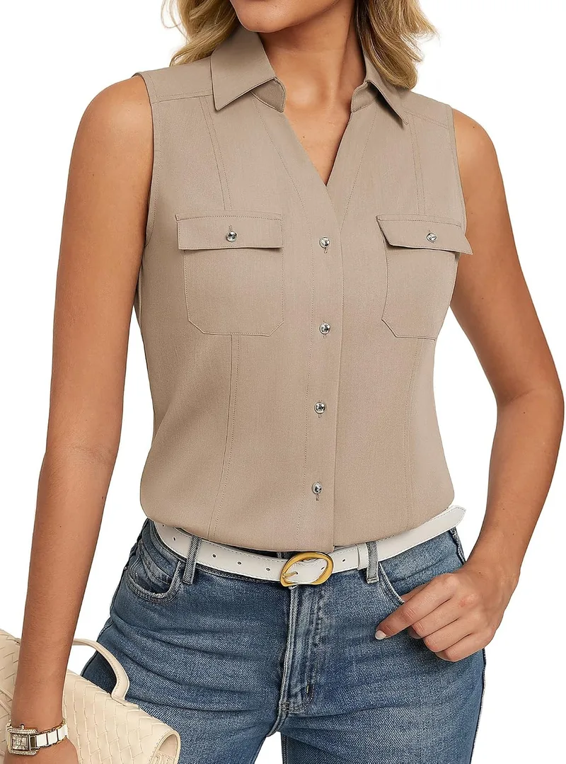 GRACE KARIN ▫️ Blusa sem mangas com botões para mulher, gola com abas, decote em V, estilo casual, para o verão, escritório, trabalho