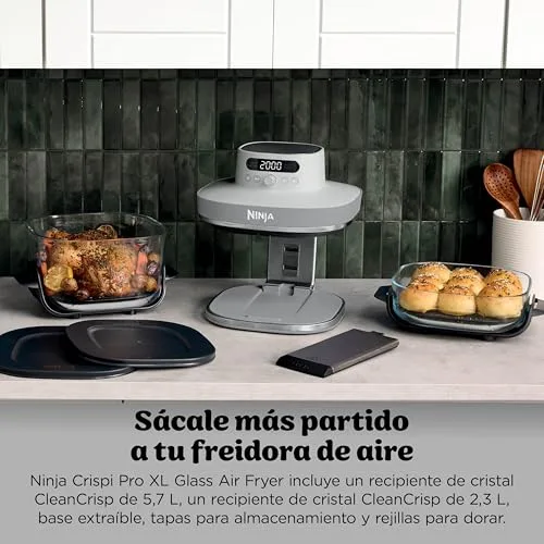 Ninja ▫️ Fritadeira de ar quente CRISPi PRO XL, 5 funções de cozedura predefinidas, recipientes de cozedura em vidro CleanCrisp de 5,7 e 2,3 l e tampas para arrumação, Branco AS090EUWH 4