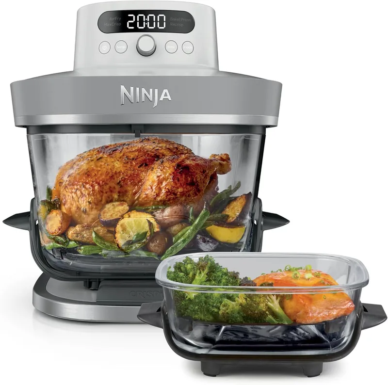 Ninja ▫️ Fritadeira de ar quente CRISPi PRO XL, 5 funções de cozedura predefinidas, recipientes de cozedura em vidro CleanCrisp de 5,7 e 2,3 l e tampas para arrumação, Branco AS090EUWH