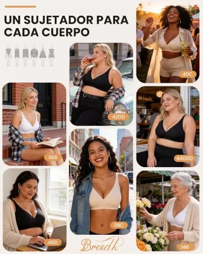 Bresdk ▫️ Soutien sem aros, com decote em V profundo, para mulher: bralette push-up confortável, sem costuras, de cobertura total para seios grandes, com enchimento 5