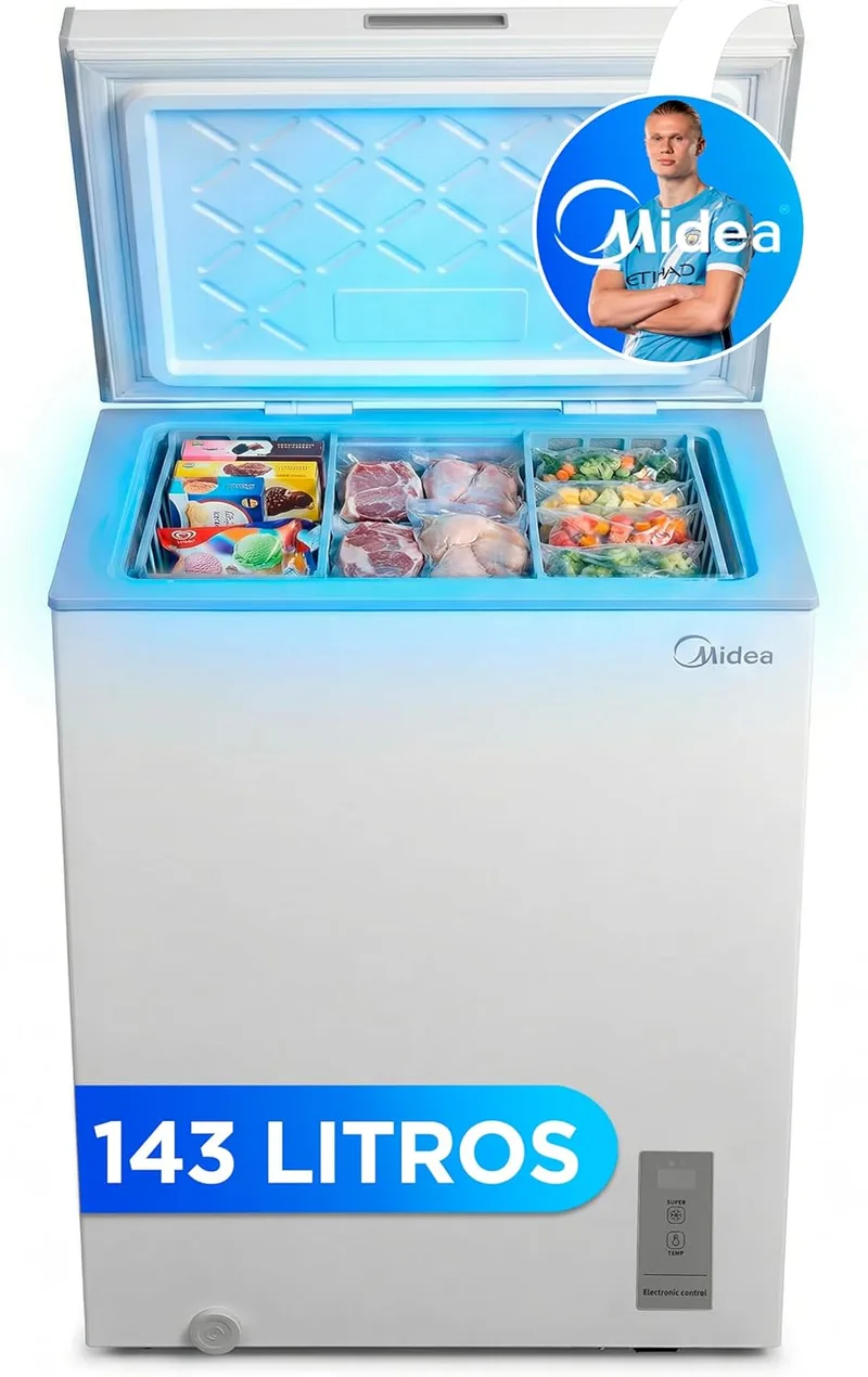 Midea ▫️ Arcon Congelador Pequeno 143L | Congelador Horizontal Transformável em Frigorífico com Motor Inverter, Controlo Eletrónico da Temperatura, Cestos com Pega | Baú Silencioso 37 db Baixo Consumo de Energia