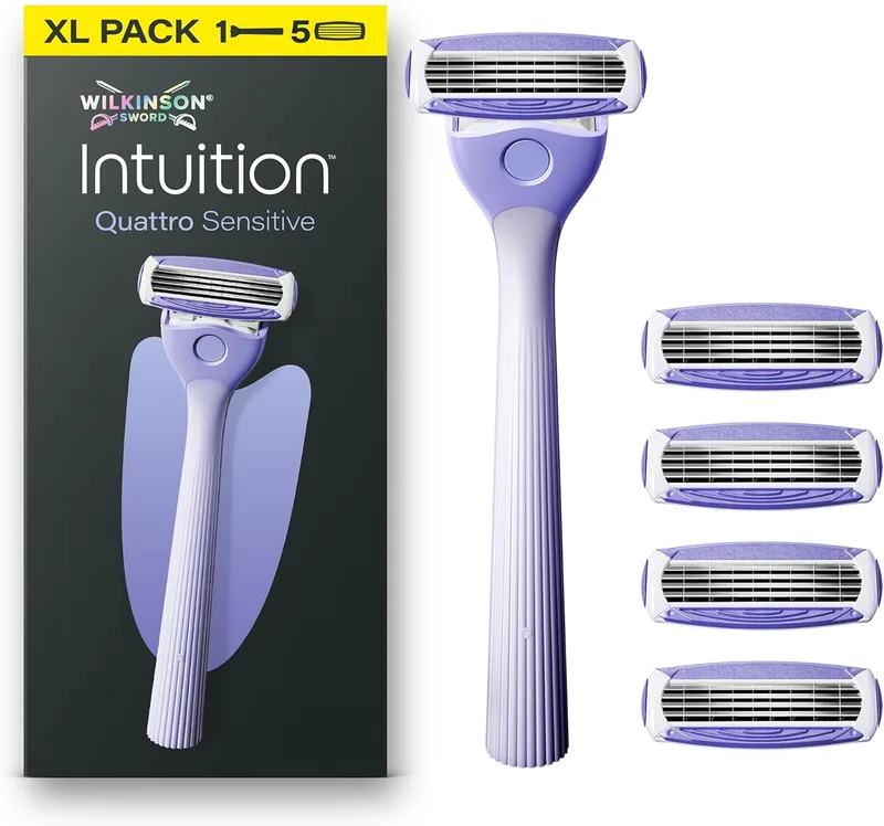 Wilkinson Sword ▫️ Intuition Quattro - Máquinas de barbear para pele sensível para mulher, kit inicial, cabo de barbear para mulher e 5 lâminas de substituição