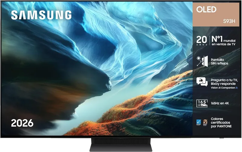 Samsung ▫️ Televisão OLED S93H de 65 polegadas, 4K, Smart TV com ecrã sem reflexos, Vision AI Companion, Ultimate Gaming Pack e cores certificadas, para jogos e cinema | Ecrã sem reflexos, Vision AI Companion, Ultimate Gaming Pack, cores certificadas, ideal para cinema em casa e jogos