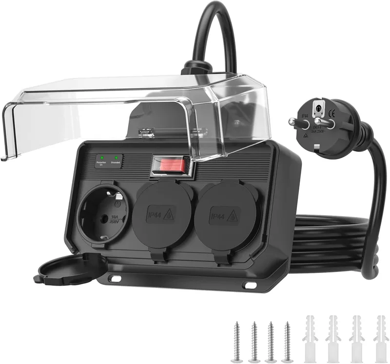 oorkyzz ▫️ Fita de tomada exterior à prova de água IP44, Fita de tomada protegida contra sobretensão 16A com interrutor de sobrecarga, 3 tomadas de parede múltiplas com tampas de proteção duplas, cabo de extensão H07RN-F 1,5M, preto, preto