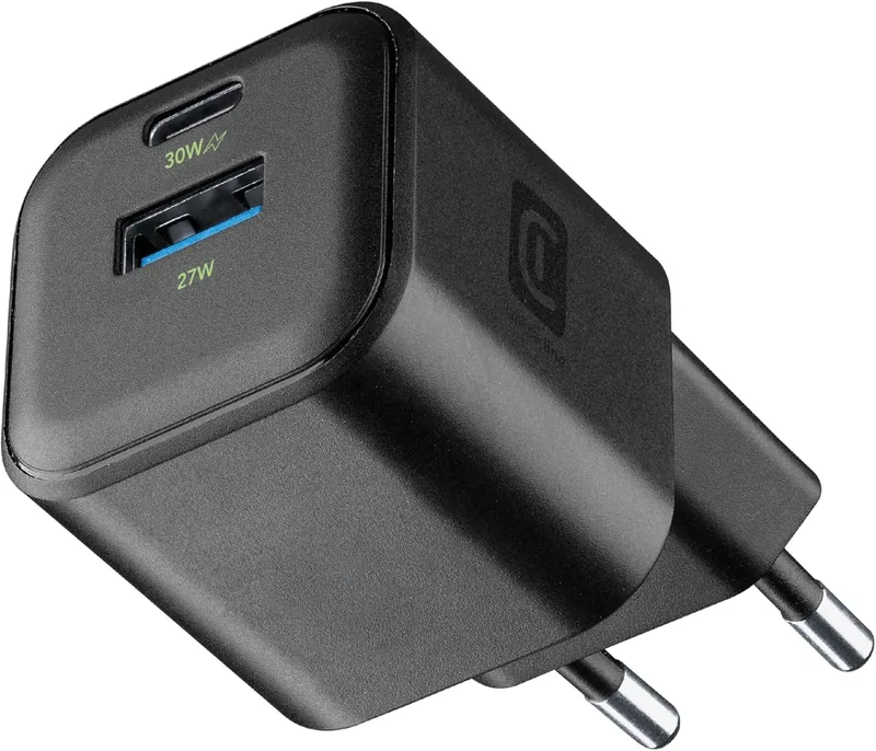 cellularline ▫️ Carregador de parede GAN Entry 30 W com portas USB-C e USB-A, preto
