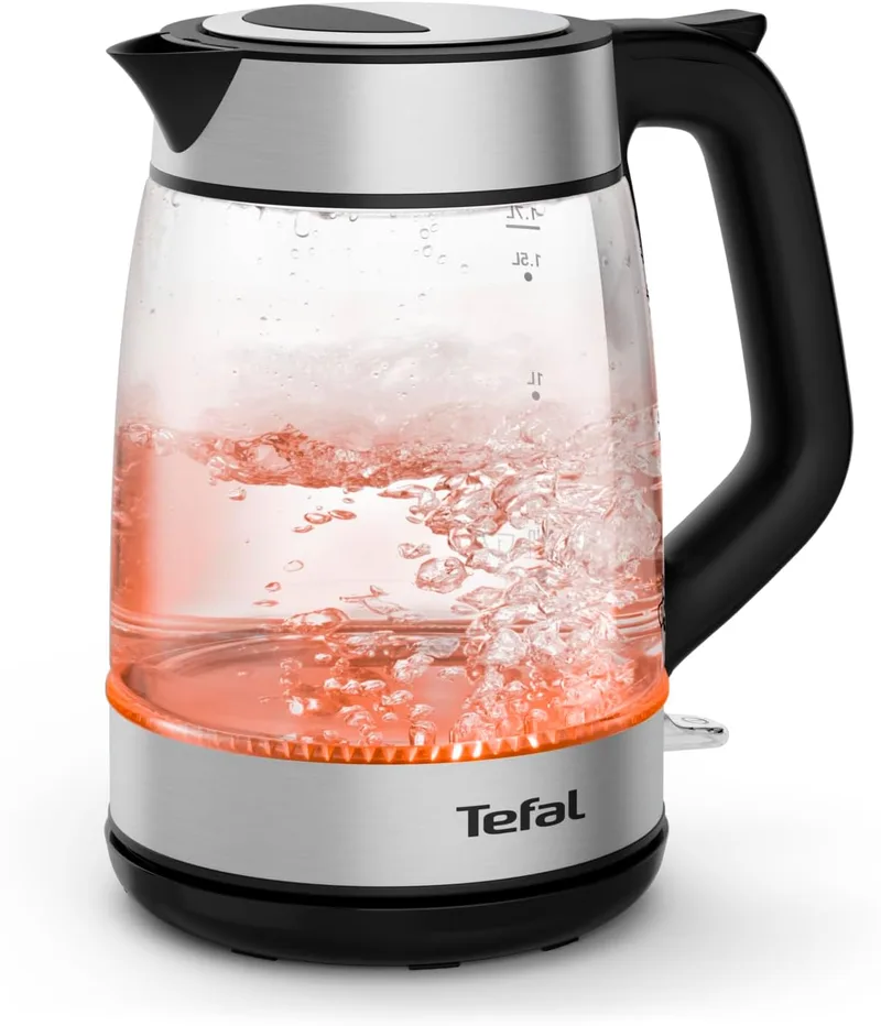 Tefal ▫️ Express Glass Kettle, Chaleira elétrica de 2200 W, Capacidade de 1,7 L, Ebulição rápida, Indicador para 1 chávena, Desligamento automático, Fácil de limpar, Filtro anticalcário, KI6A58E0