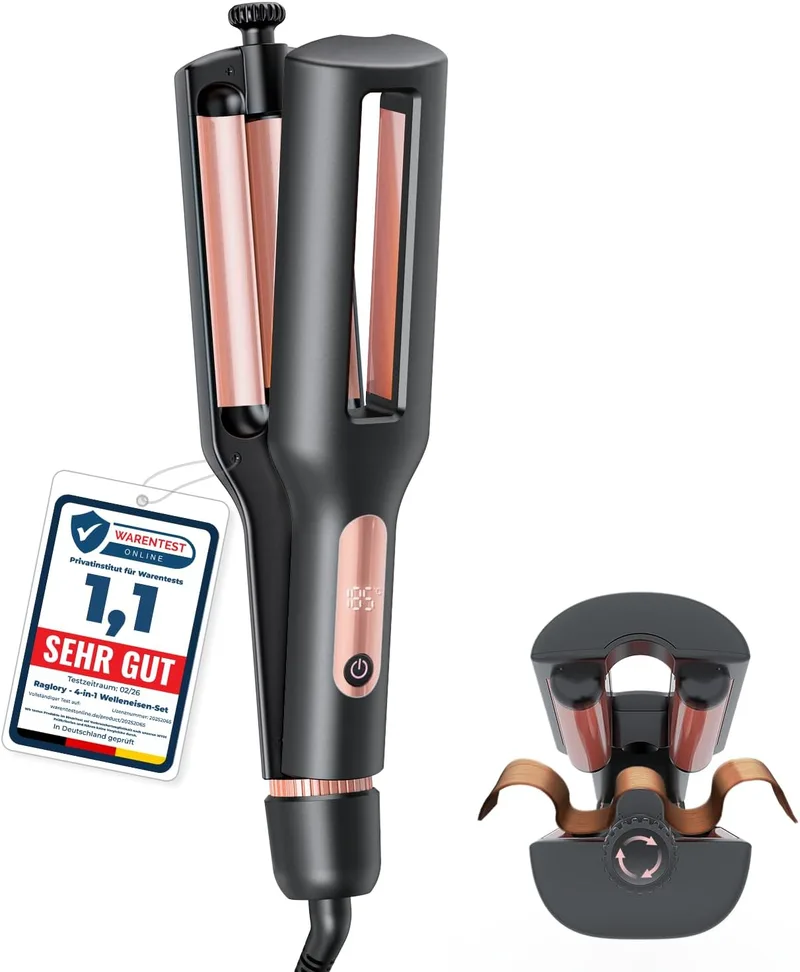 Raglory ▫️ Modelador de Cabelo 4 em 1 Ajustável para Ondas, Chapa para Ondas de Surf, Ouro-Rosa | 22/25/32/38 mm Chapa para Ondas de Sereia, Modelador de Cabelo com Ecrã Digital, Proteção contra Queimaduras, aquecimento em 30 segundos, 140 °C-210 °C