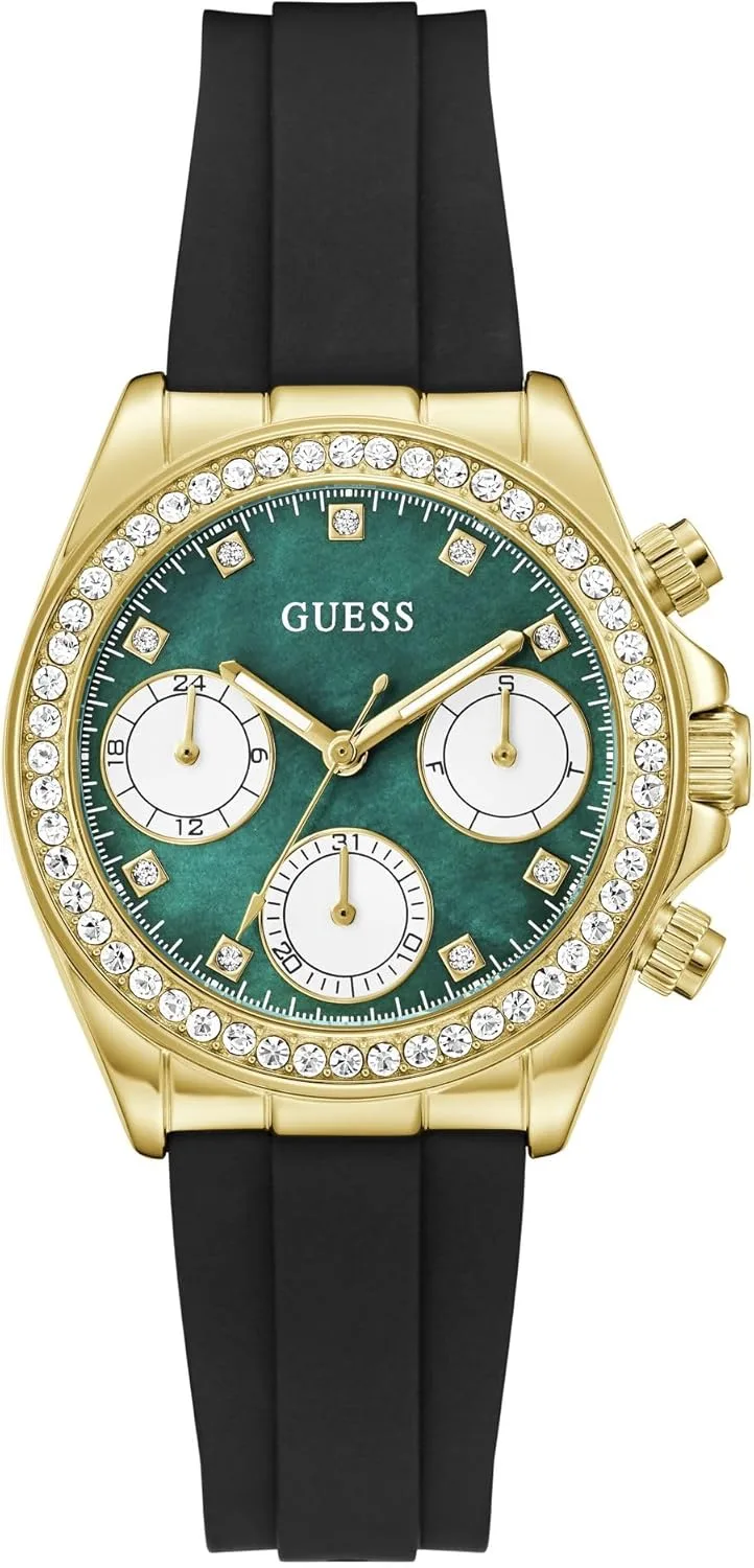 GUESS ▫️ Victoria GW1038L2 - Relógio de pulso analógico para mulher, quartzo, aço inoxidável, 36 mm, bracelete em silicone, cor preta, 5 bar, cor do mostrador: verde, indicador de data, cor preta