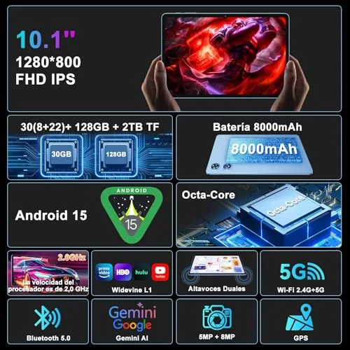 UJJ ▫️ Tablet de 10 polegadas de 2026 com Android 15 e Gemini AI, 30 GB de RAM + 128 GB de ROM (TF 2 TB), Octa-Core 2,0 GHz, 8000 mAh, GMS, Widevine L1, 5G, Wi-Fi 6 e BT 5.0, GPS, OTG, tablet com teclado e rato azul 2