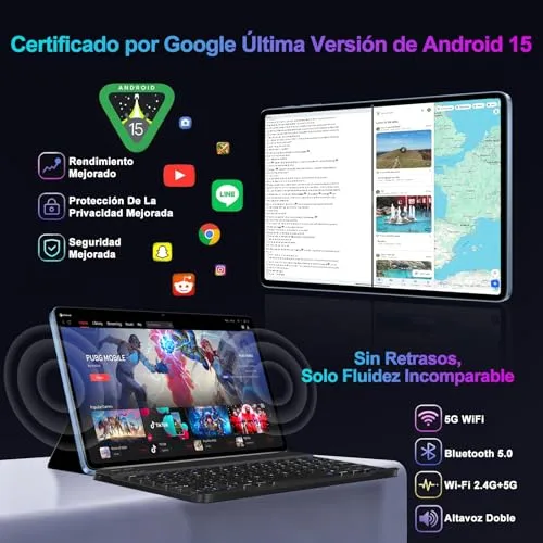 UJJ ▫️ Tablet de 10 polegadas de 2026 com Android 15 e Gemini AI, 30 GB de RAM + 128 GB de ROM (TF 2 TB), Octa-Core 2,0 GHz, 8000 mAh, GMS, Widevine L1, 5G, Wi-Fi 6 e BT 5.0, GPS, OTG, tablet com teclado e rato azul 3