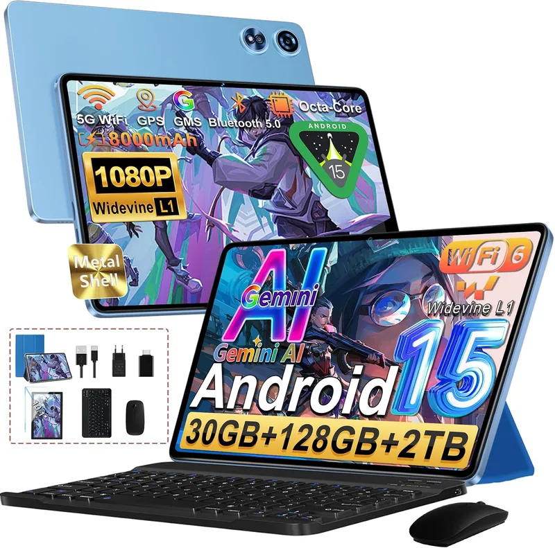 UJJ ▫️ Tablet de 10 polegadas de 2026 com Android 15 e Gemini AI, 30 GB de RAM + 128 GB de ROM (TF 2 TB), Octa-Core 2,0 GHz, 8000 mAh, GMS, Widevine L1, 5G, Wi-Fi 6 e BT 5.0, GPS, OTG, tablet com teclado e rato azul
