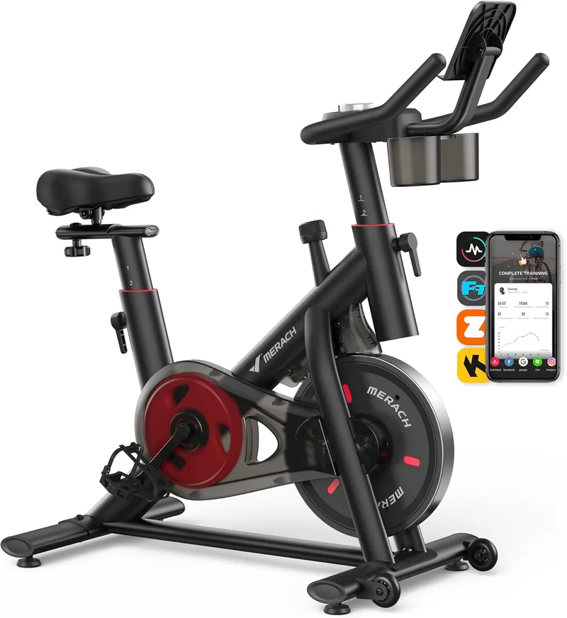 MERACH ▫️ Bicicleta de exercício doméstica com resistência ajustável, bicicleta de exercício silenciosa com monitor LED, almofada de assento confortável, aplicação própria, capacidade de 136 kg, treino aeróbico