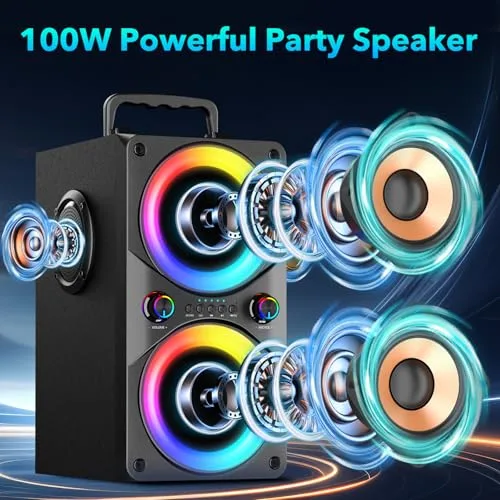 RRNUY ▫️ Altifalante Bluetooth portátil de 100 W com subwoofer e luz LED – Boombox potente com graves intensos, caixa em madeira e TWS para festas ao ar livre 2