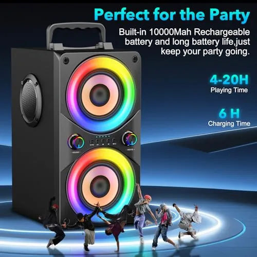 RRNUY ▫️ Altifalante Bluetooth portátil de 100 W com subwoofer e luz LED – Boombox potente com graves intensos, caixa em madeira e TWS para festas ao ar livre 3