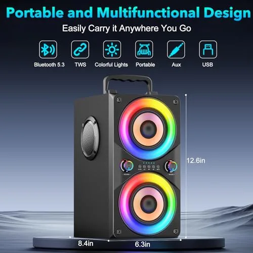 RRNUY ▫️ Altifalante Bluetooth portátil de 100 W com subwoofer e luz LED – Boombox potente com graves intensos, caixa em madeira e TWS para festas ao ar livre 4