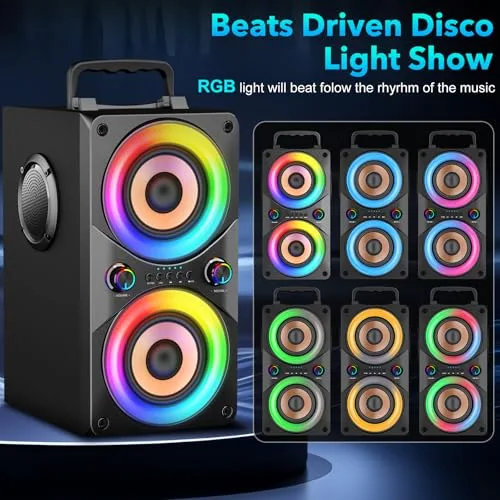 RRNUY ▫️ Altifalante Bluetooth portátil de 100 W com subwoofer e luz LED – Boombox potente com graves intensos, caixa em madeira e TWS para festas ao ar livre 5