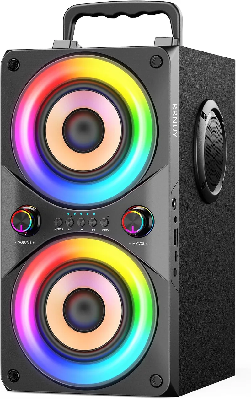 RRNUY ▫️ Altifalante Bluetooth portátil de 100 W com subwoofer e luz LED – Boombox potente com graves intensos, caixa em madeira e TWS para festas ao ar livre