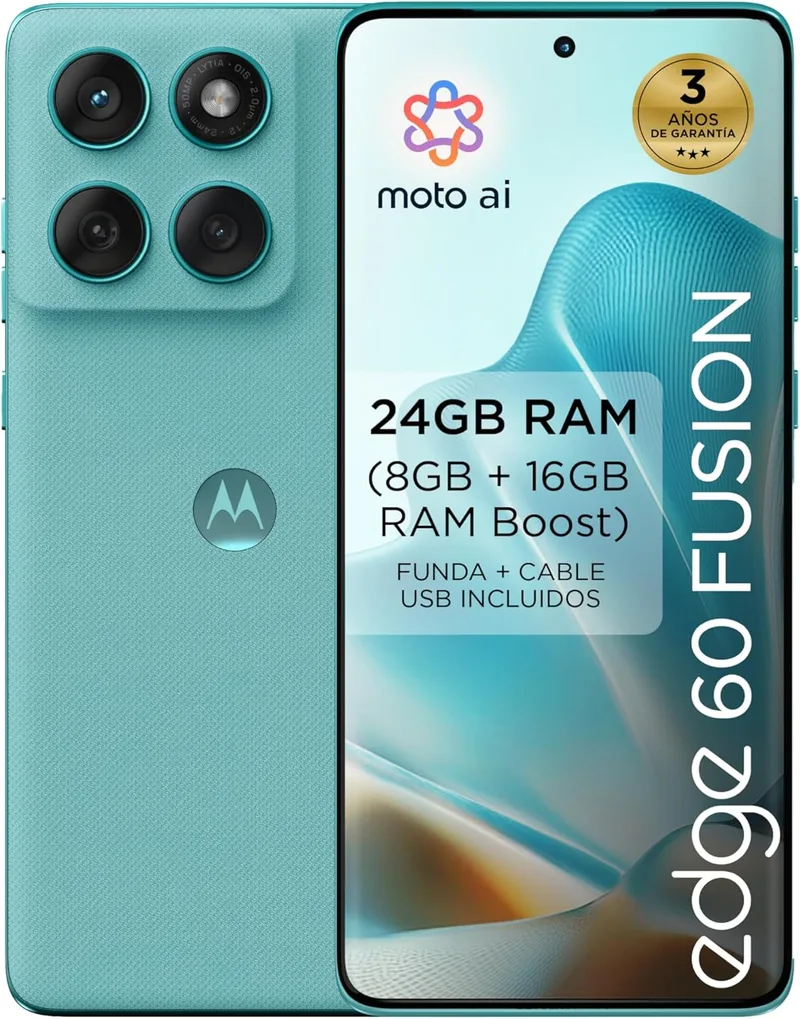 Motorola ▫️ Edge 60 Fusion 24GB (8GB+16GB RAM Boost)/256GB Amazonite, Espanha. Design de quatro curvas. Câmara Sony LYTIA™ de 50 MP. Ecrã brilhante com resolução Super HD (1220p) e 4500 nits. 5100 mAh
