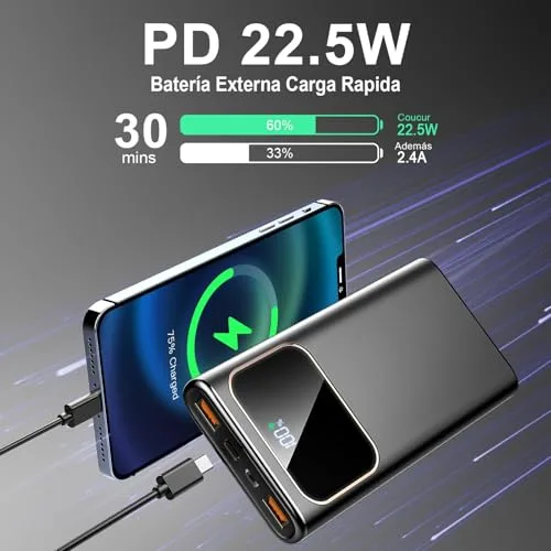 Coucur ▫️ Power Bank 2026 com Carregamento Rápido, Bateria Externa de Carregamento Rápido 10 000 mAh, 22,5 W, Carregador Portátil com Entrada e Saída USB-C, Ecrã LED para iPhone 17/16/15/14, Air, Pro, MAX, Plus, para Samsung Android, Preto 2