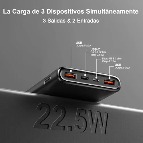Coucur ▫️ Power Bank 2026 com Carregamento Rápido, Bateria Externa de Carregamento Rápido 10 000 mAh, 22,5 W, Carregador Portátil com Entrada e Saída USB-C, Ecrã LED para iPhone 17/16/15/14, Air, Pro, MAX, Plus, para Samsung Android, Preto 3