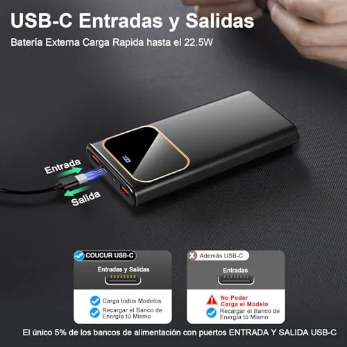 Coucur ▫️ Power Bank 2026 com Carregamento Rápido, Bateria Externa de Carregamento Rápido 10 000 mAh, 22,5 W, Carregador Portátil com Entrada e Saída USB-C, Ecrã LED para iPhone 17/16/15/14, Air, Pro, MAX, Plus, para Samsung Android, Preto 6