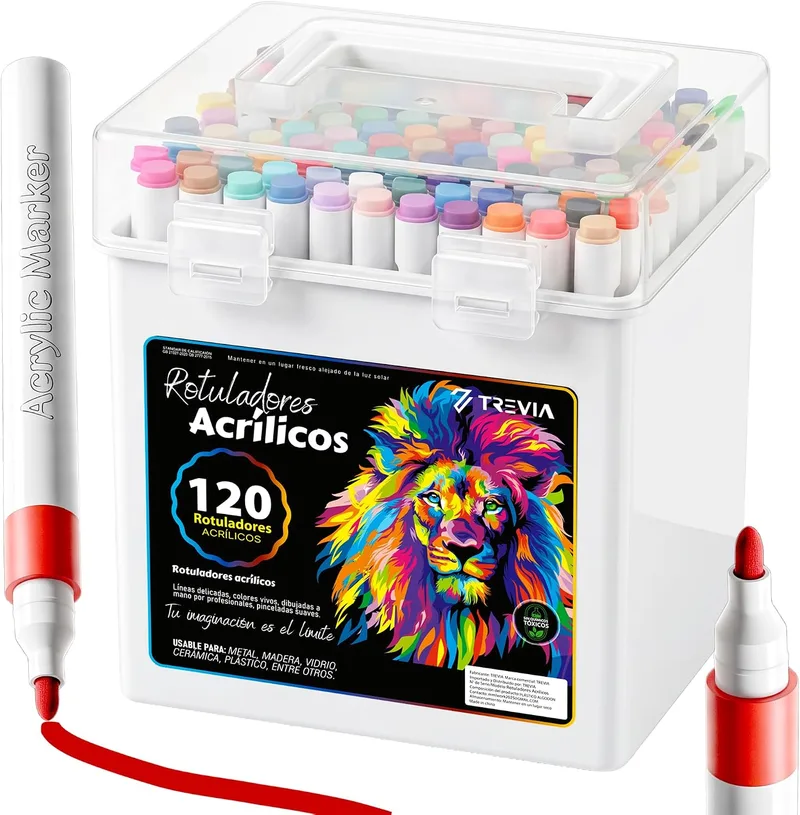 TREVIA ▫️ ® PACK 120 Marcadores acrílicos | Marcadores para lettering | Artesanato | Marcadores acrílicos | 120 cores | Marcadores profissionais | Eficazes na maioria das superfícies | Crianças e adultos