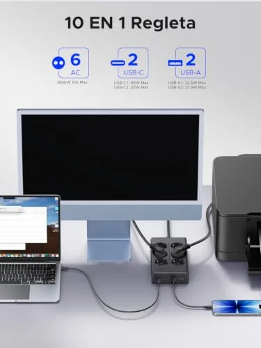 UGREEN ▫️ 10 em 1 Extensão com Tomadas PD 65 W, USB-C, múltiplas, 6 tomadas CA, 3680 W, 16 A 2