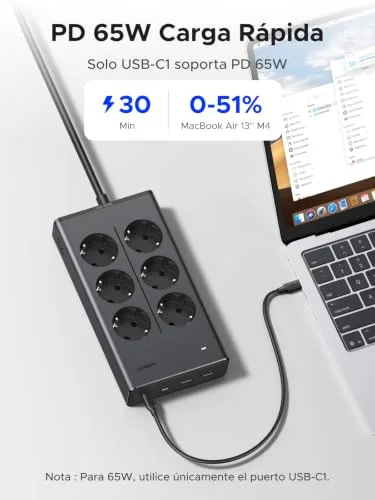 UGREEN ▫️ 10 em 1 Extensão com Tomadas PD 65 W, USB-C, múltiplas, 6 tomadas CA, 3680 W, 16 A 3