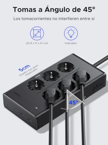 UGREEN ▫️ 10 em 1 Extensão com Tomadas PD 65 W, USB-C, múltiplas, 6 tomadas CA, 3680 W, 16 A 4