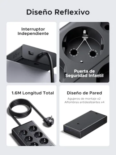 UGREEN ▫️ 10 em 1 Extensão com Tomadas PD 65 W, USB-C, múltiplas, 6 tomadas CA, 3680 W, 16 A 5
